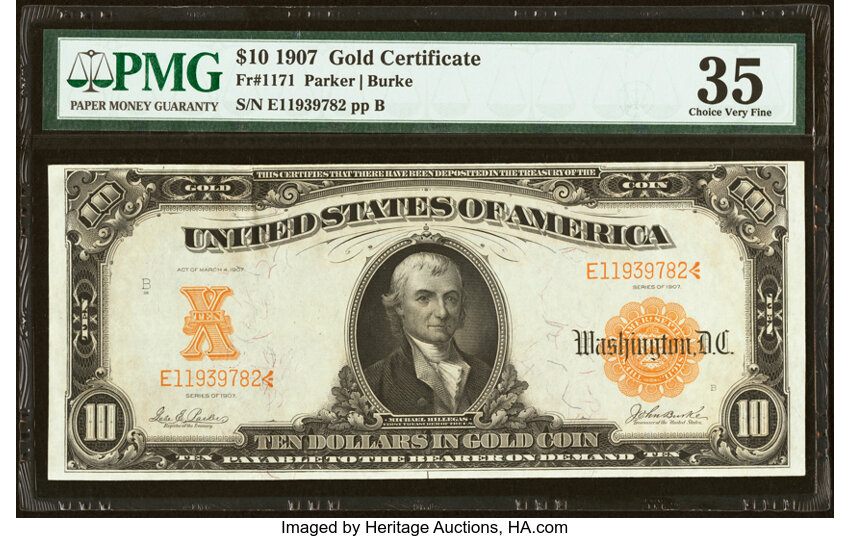 image for: Fr. 1171 $10 1907 Gold Certificate PMG Choice Very Fine 35....