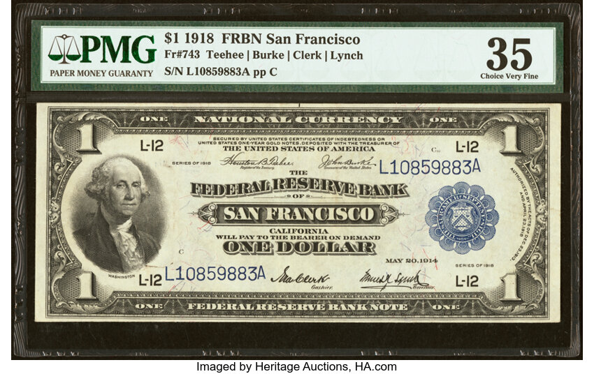 image for: Fr. 743 $1 1918 Federal Reserve Bank Note PMG Choice Very Fine 35....