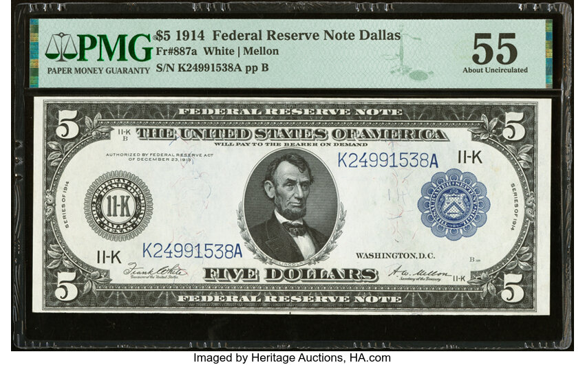 image for: Fr. 887a $5 1914 Federal Reserve Note PMG About Uncirculated 55....