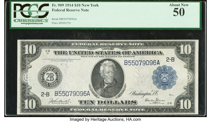 image for: Fr. 909 $10 1914 Federal Reserve Note PCGS About New 50....
