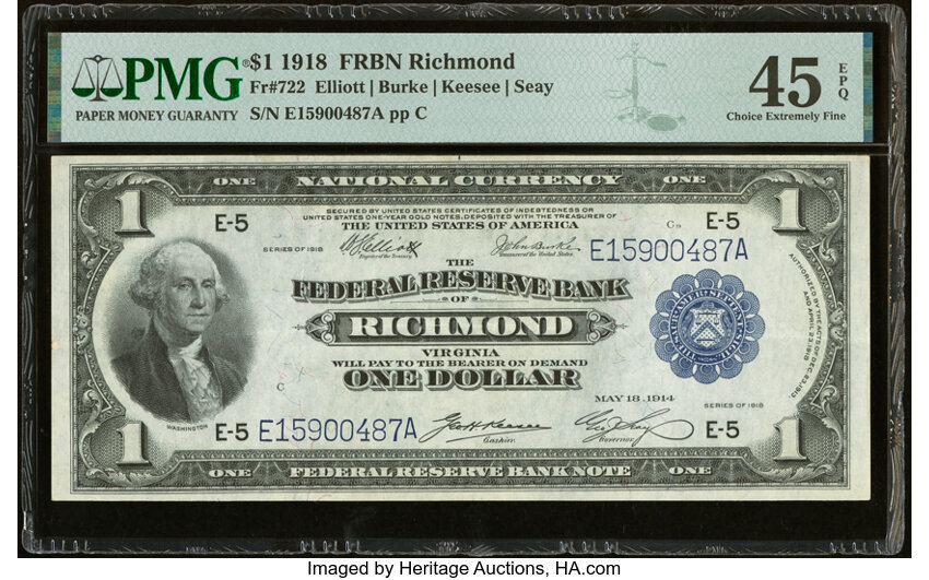 image for: Fr. 722 $1 1918 Federal Reserve Bank Note PMG Choice Extremely Fine 45 EPQ....