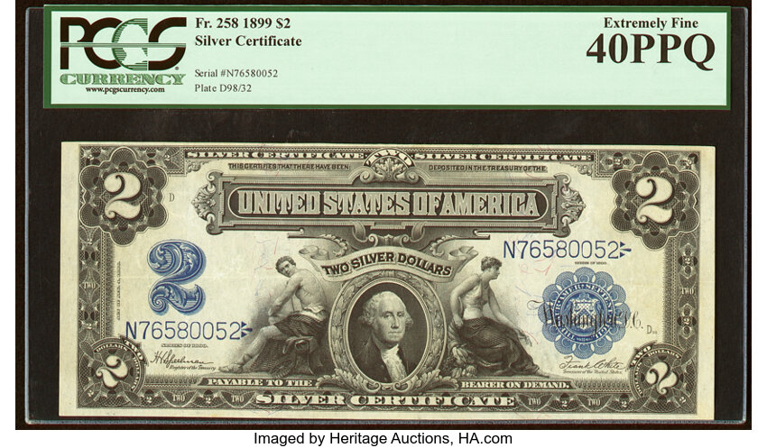 image for: Fr. 258 $2 1899 Silver Certificate PCGS Extremely Fine 40PPQ....