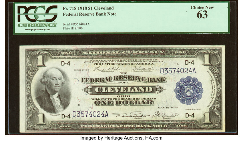 image for: Fr. 718 $1 1918 Federal Reserve Bank Note PCGS Choice New 63....