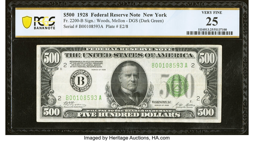 image for: Fr. 2200-B $500 1928 Federal Reserve Note. PCGS Banknote Very Fine 25....