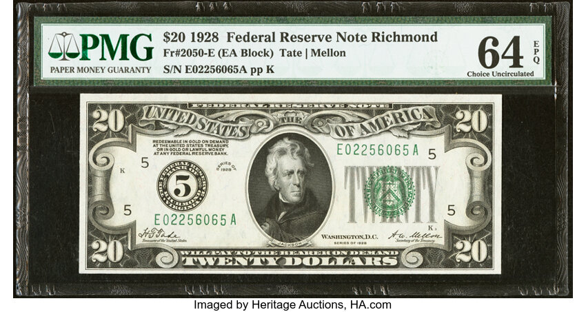 image for: Fr. 2050-E $20 1928 Federal Reserve Note. PMG Choice Uncirculated 64 EPQ....