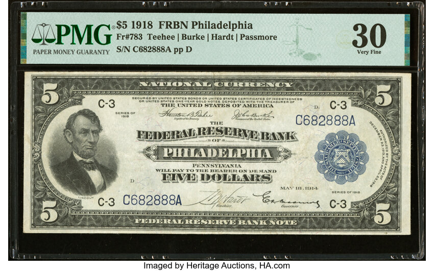 image for: Fr. 783 $5 1918 Federal Reserve Bank Note PMG Very Fine 30....