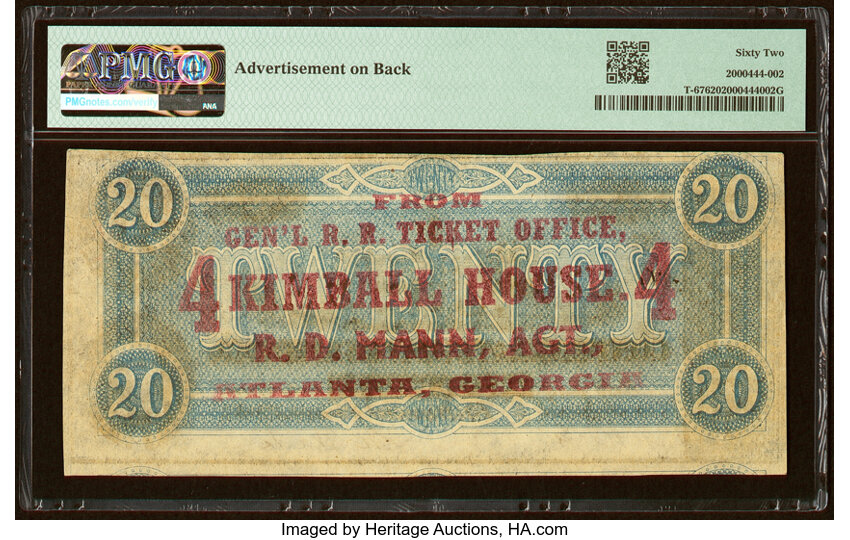 image for: Kimball House Advertising Note T67 $20 1864 PF-11 Cr. 511 PMG Uncirculated 62....