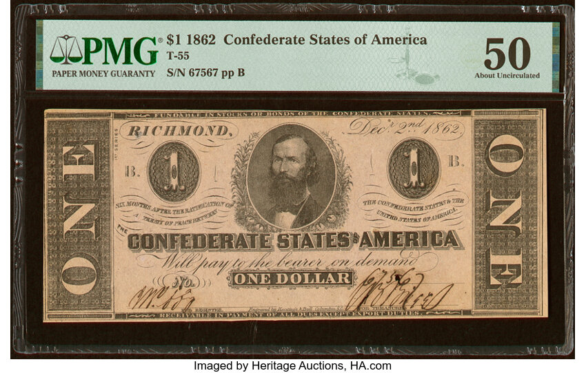 image for: T55 $1 1862 PF-7 Cr. 398 PMG About Uncirculated 50....