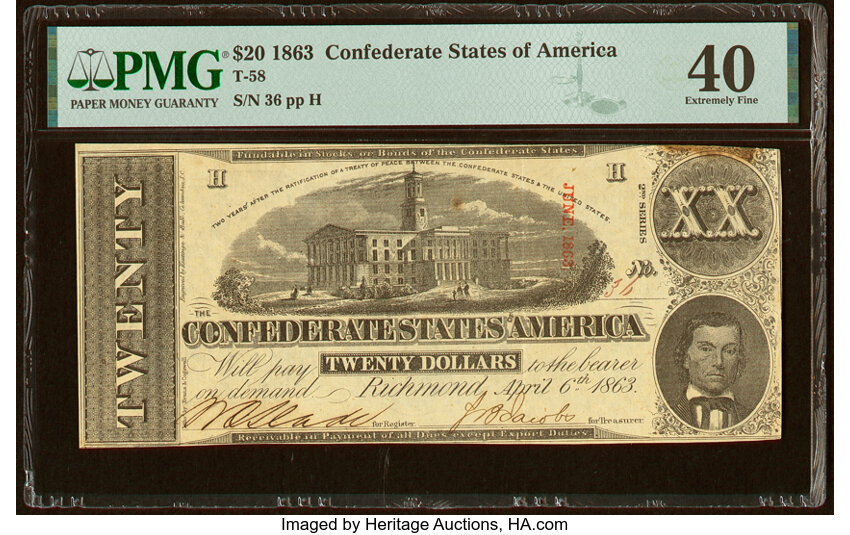 image for: Low Serial Number 36 T58 $20 1863 PF-17 Cr. 426 PMG Extremely Fine 40....