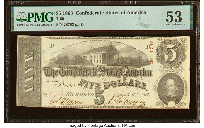 image for: T60 $5 1863 PF-4 Cr. 450 PMG About Uncirculated 53....