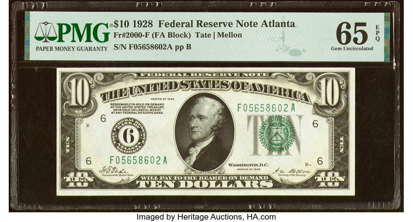 image for: Fr. 2000-F $10 1928 Federal Reserve Note. PMG Gem Uncirculated 65 EPQ....
