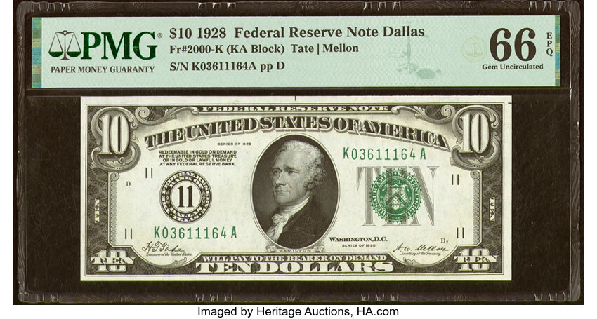 image for: Fr. 2000-K $10 1928 Federal Reserve Note. PMG Gem Uncirculated 66 EPQ....