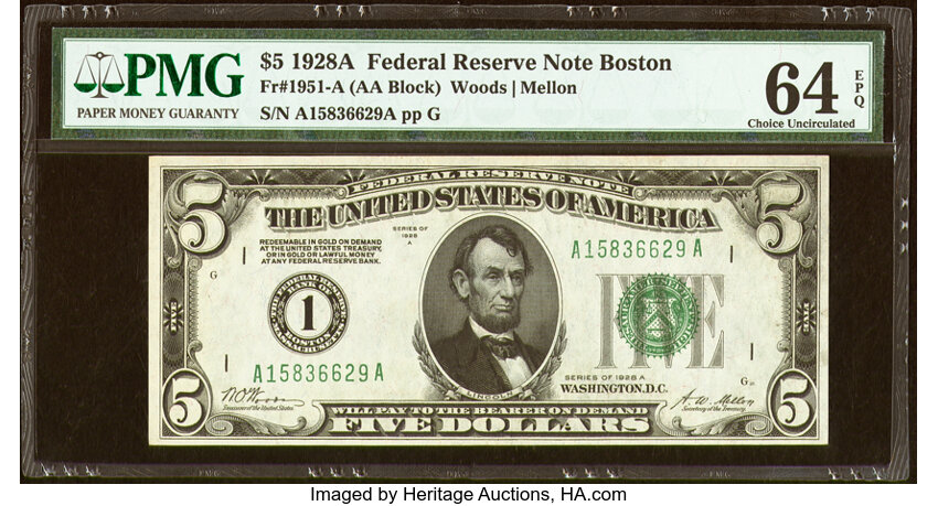 image for: Fr. 1951-A $5 1928A Federal Reserve Note. PMG Choice Uncirculated 64 EPQ....