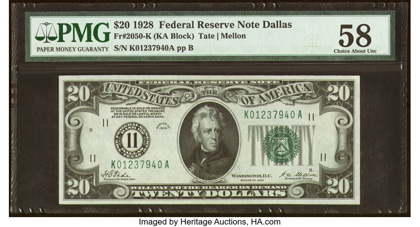 image for: Fr. 2050-K $20 1928 Federal Reserve Note. PMG Choice About Unc 58....