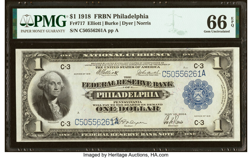 image for: Fr. 717 $1 1918 Federal Reserve Bank Note PMG Gem Uncirculated 66 EPQ....