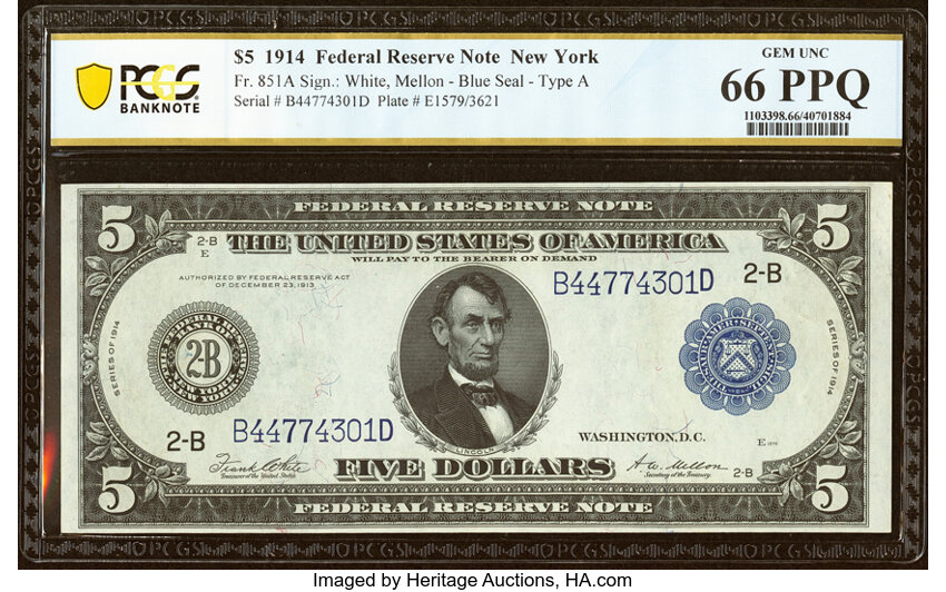 image for: Fr. 851a $5 1914 Federal Reserve Note PCGS Banknote Gem Unc 66 PPQ....