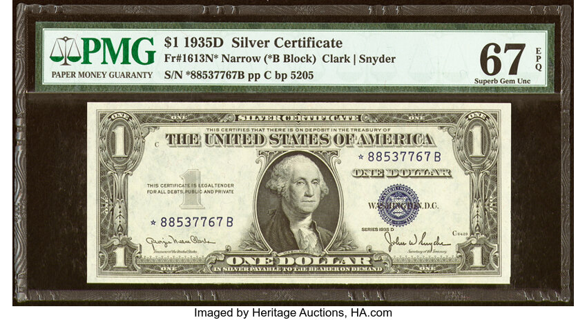 image for: Fr. 1613N* $1 1935D Narrow Silver Certificate Star Note. PMG Superb Gem Unc 67 EPQ....