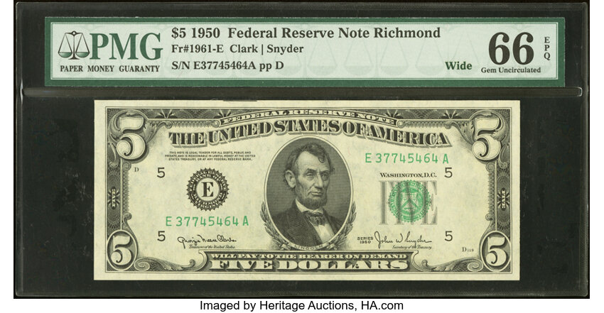 image for: Fr. 1961-E $5 1950 Wide I Federal Reserve Note. PMG Gem Uncirculated 66 EPQ....