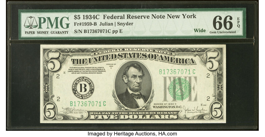 image for: Fr. 1959-B $5 1934C Wide Federal Reserve Note. PMG Gem Uncirculated 66 EPQ....