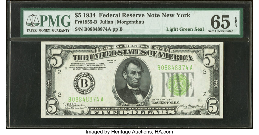 image for: Fr. 1955-B $5 1934 Light Green Seal Federal Reserve Note. PMG Gem Uncirculated 65 EPQ....