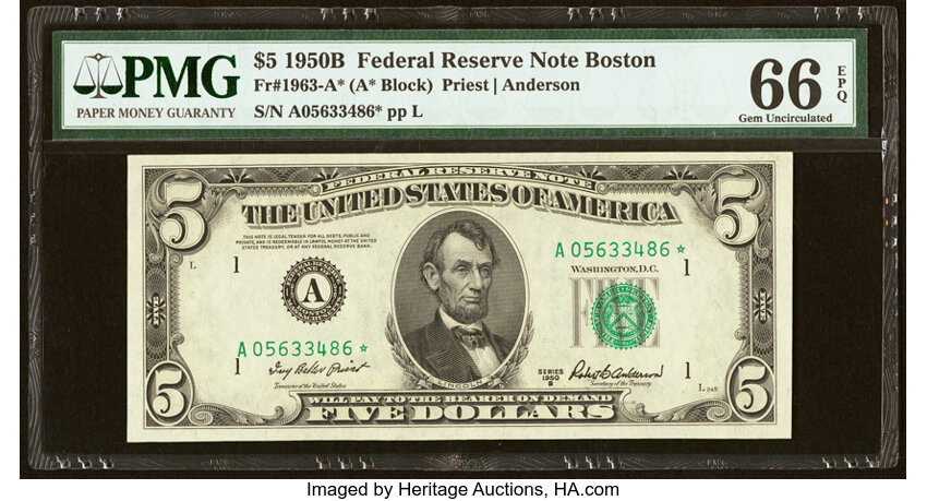 image for: Fr. 1963-A* $5 1950B Federal Reserve Star Note. PMG Gem Uncirculated 66 EPQ....