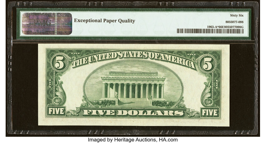 image for: Fr. 1963-A* $5 1950B Federal Reserve Star Note. PMG Gem Uncirculated 66 EPQ....