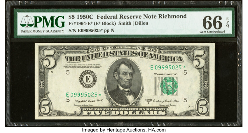image for: Fr. 1964-E* $5 1950C Federal Reserve Star Note. PMG Gem Uncirculated 66 EPQ....
