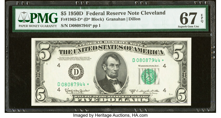 image for: Fr. 1965-D* $5 1950D Federal Reserve Star Note. PMG Superb Gem Unc 67 EPQ....
