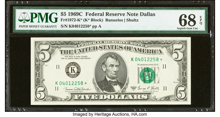 image for: Fr. 1972-K* $5 1969C Federal Reserve Star Note. PMG Superb Gem Unc 68 EPQ....