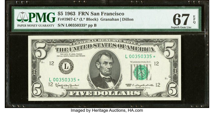 image for: Fr. 1967-L* $5 1963 Federal Reserve Star Note. PMG Superb Gem Unc 67 EPQ....