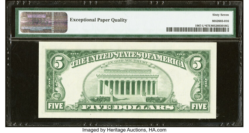 image for: Fr. 1967-L* $5 1963 Federal Reserve Star Note. PMG Superb Gem Unc 67 EPQ....