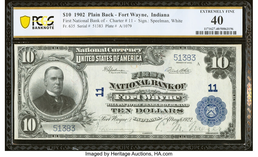 image for: Fort Wayne, IN - $10 1902 Plain Back Fr. 635 First National Bank Ch. # 11 PCGS Banknote Extremely Fine 40....