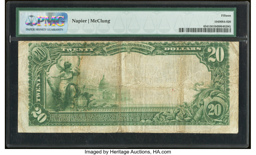 image for: Benton Harbor, MI - $20 1902 Plain Back Fr. 654 The American National Bank Ch. # 10143 PMG Choice Fine 15....
