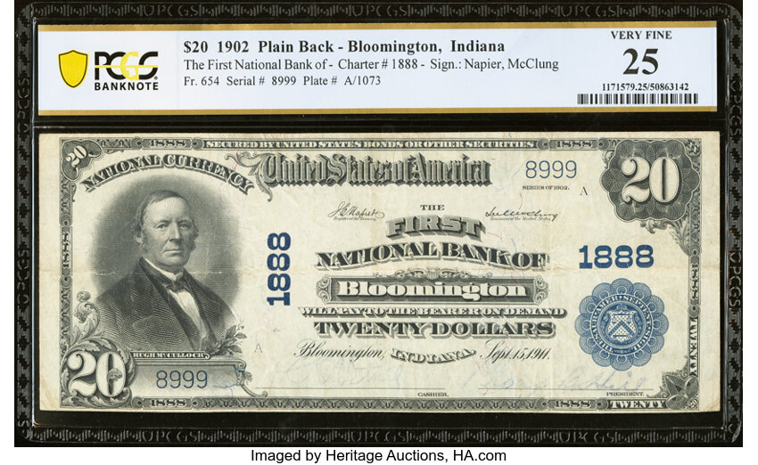 image for: Bloomington, IN - $20 1902 Plain Back Fr. 654 The First National Bank Ch. # 1888 PCGS Very Fine 25....