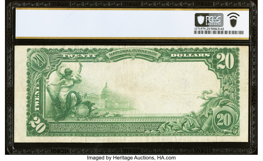 image for: Bloomington, IN - $20 1902 Plain Back Fr. 654 The First National Bank Ch. # 1888 PCGS Very Fine 25....