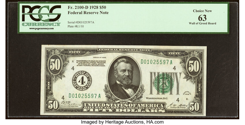 image for: Fr. 2100-D $50 1928 Federal Reserve Note. PCGS Choice New 63....