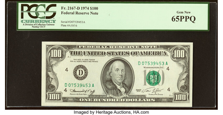 image for: Fr. 2167-D $100 1974 Federal Reserve Note. PCGS Gem New 65PPQ....
