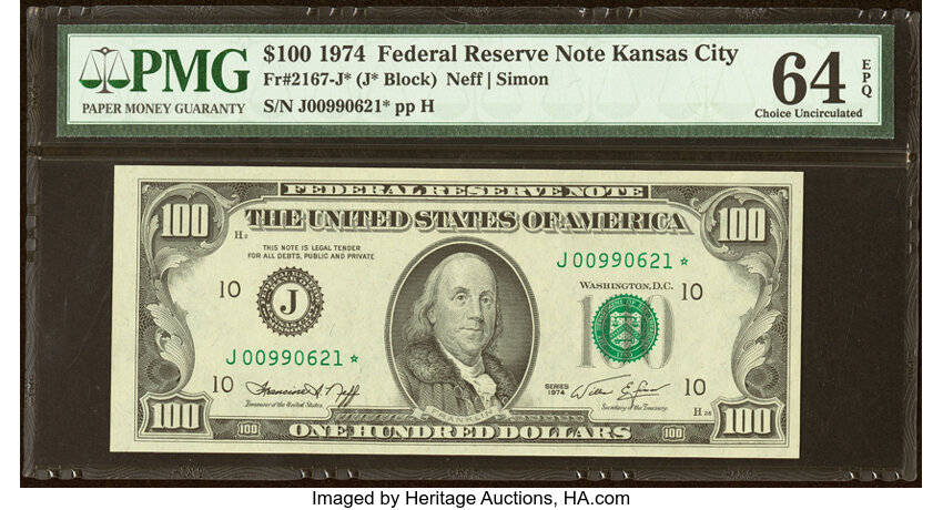 image for: Fr. 2167-J* $100 1974 Federal Reserve Star Note. PMG Choice Uncirculated 64 EPQ....