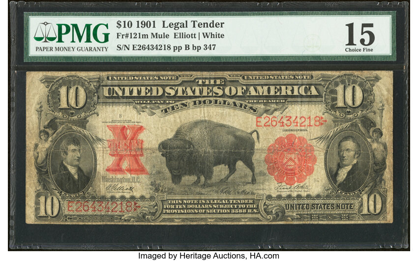 image for: Fr. 121 $10 1901 Mule Legal Tender PMG Choice Fine 15....