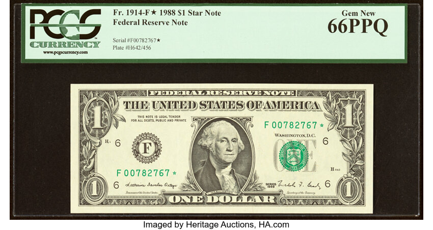 image for: Fr. 1914-F* $1 1988 Federal Reserve Star Note. PCGS Gem New 66PPQ....