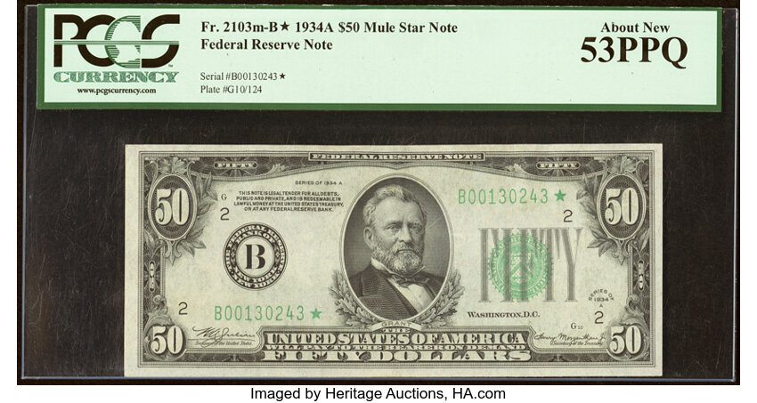image for: Fr. 2103-B* $50 1934A Mule Federal Reserve Star Note. PCGS About New 53PPQ....