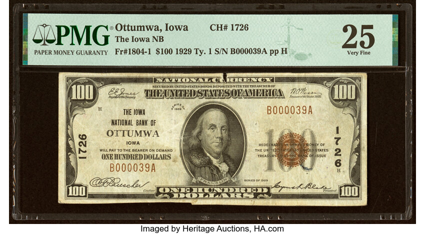 image for: Ottumwa, IA - $100 1929 Ty. 1 The Iowa National Bank Ch. # 1726 PMG Very Fine 25....