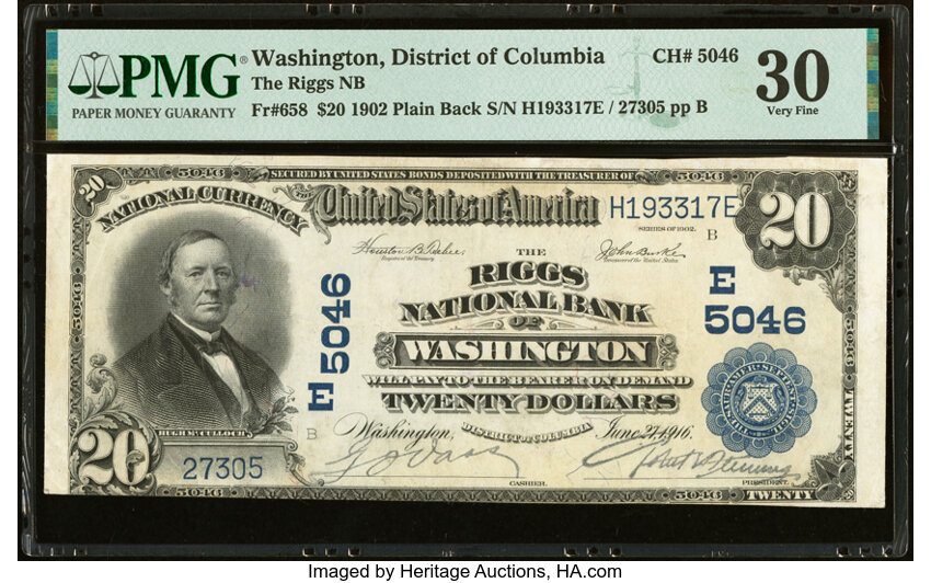 image for: Washington, DC - $20 1902 Plain Back Fr. 658 The Riggs National Bank Ch. # (E)5046 PMG Very Fine 30....