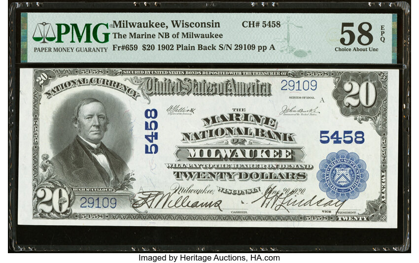 image for: Milwaukee, WI - $20 1902 Plain Back Fr. 659 The Marine National Bank Ch. # 5458 PMG Choice About Unc 58 EPQ....