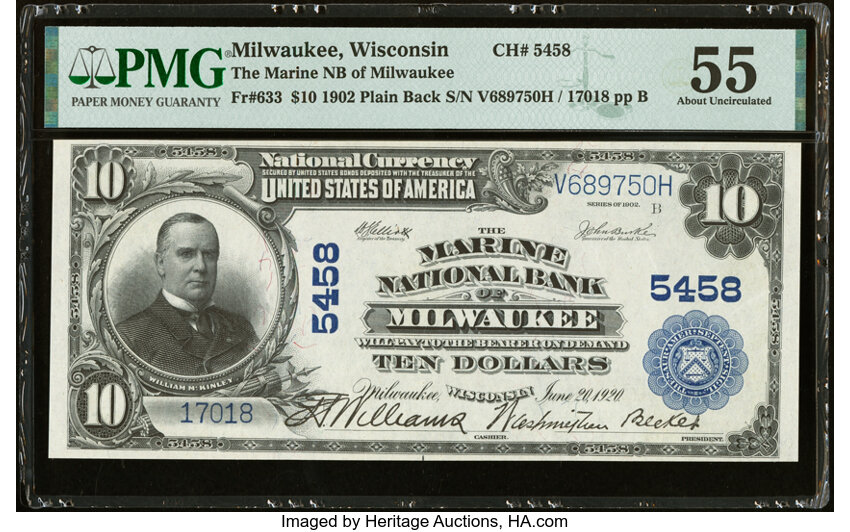 image for: Milwaukee, WI - $10 1902 Plain Back Fr. 633 The Marine National Bank Ch. # 5458 PMG About Uncirculated 55....