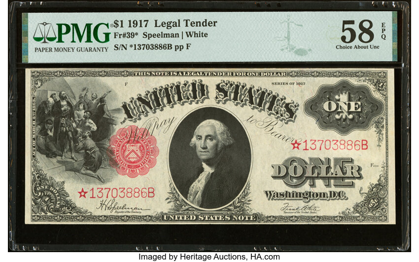 image for: Fr. 39* $1 1917 Legal Tender Star Note PMG Choice About Unc 58 EPQ....