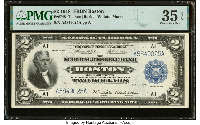 image for: Fr. 748 $2 1918 Federal Reserve Bank Note PMG Choice Very Fine 35 EPQ....