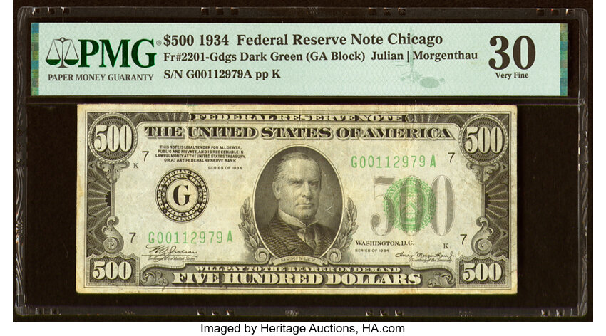 image for: Fr. 2201-G $500 1934 Federal Reserve Note. PMG Very Fine 30....