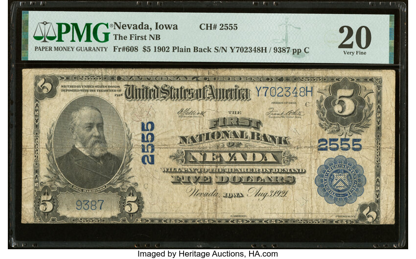 image for: Nevada, IA - $5 1902 Plain Back Fr. 608 The First National Bank Ch. # 2555 PMG Very Fine 20....