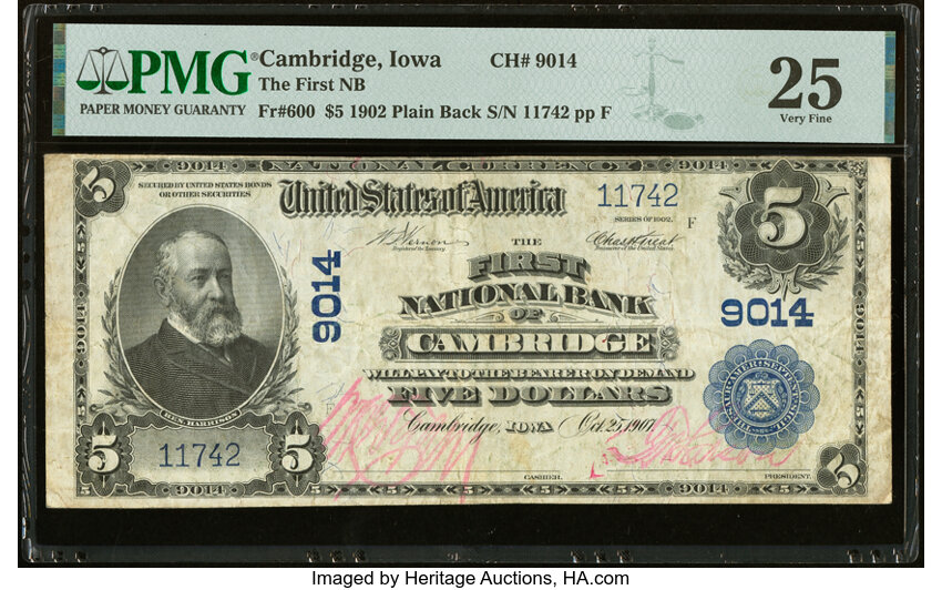 image for: Cambridge, IA - $5 1902 Plain Back Fr. 600 The First National Bank Ch. # 9014 PMG Very Fine 25....